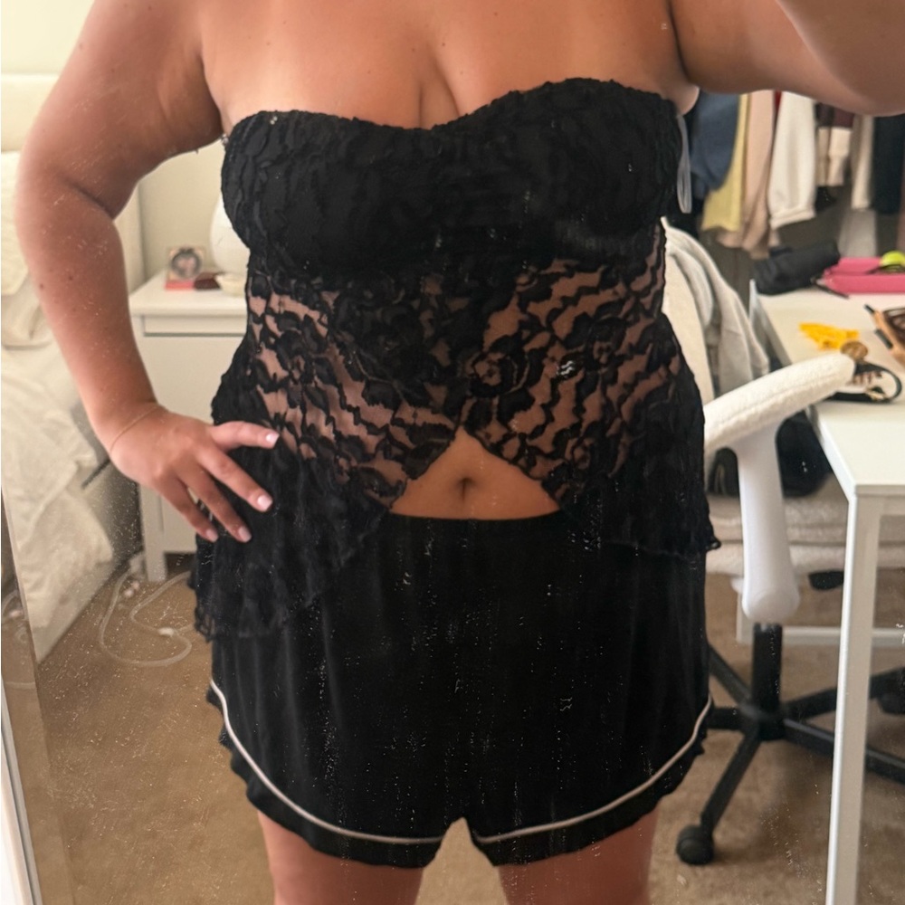 Blue Blush Black Lace Strapless Tank Top
